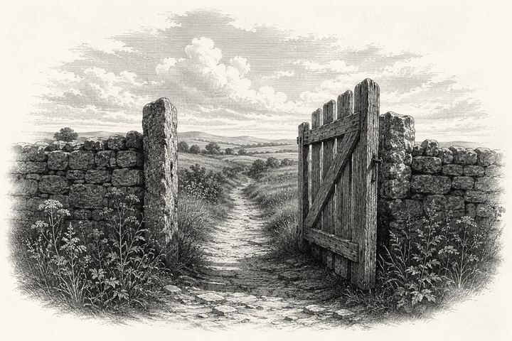 An engraving of a weathered wooden gate standing open in a low stone wall, a worn footpath running through it into open fields