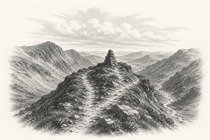 An engraving of a notch in a high stone ridge with a small waymarker cairn, the trail descending on both sides into valleys