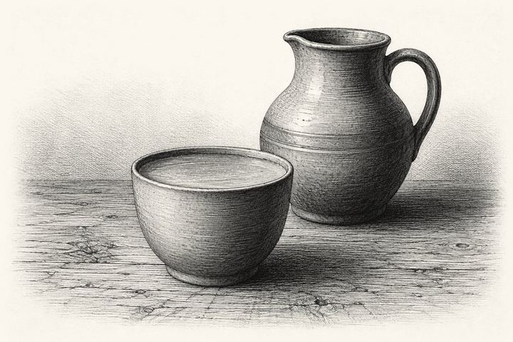 An engraving of a plain earthenware cup filled to the brim on a scrubbed wooden table, a jug set aside behind it