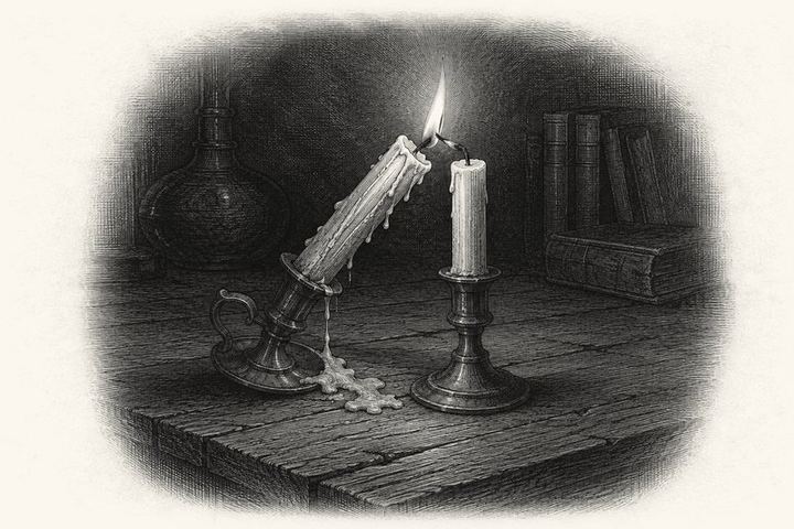 An engraving of one lit candle tilted to light a second unlit candle, wax pooled on a wooden table, dark room around them