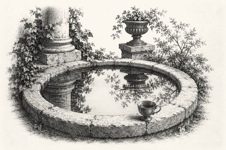 An engraving of a still pond held in a stone basin, the silt settled and the reflection sharp, a cup resting on the rim