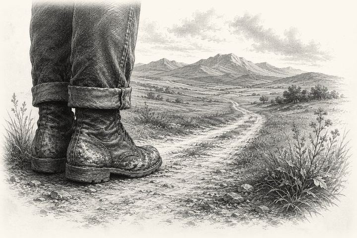 An engraving of worn boots standing at the edge of a dirt road, the road running out toward distant hills