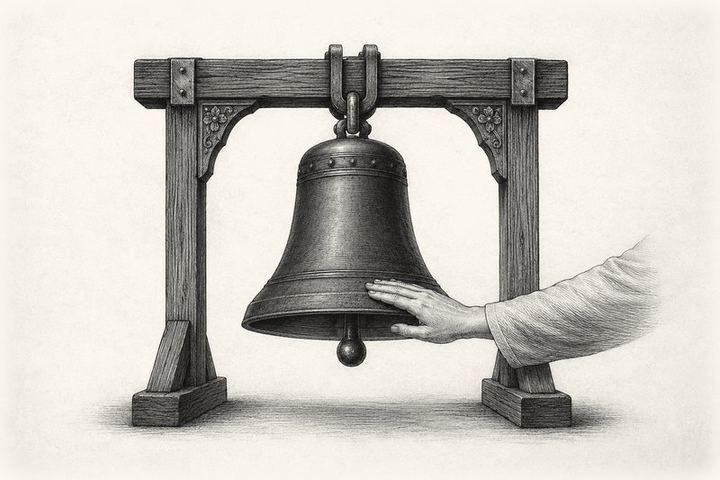 An engraving of an iron bell hanging in a wooden frame, a hand resting flat against its rim to quiet it