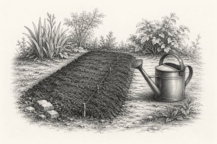 An engraving of a garden bed with a marked seed row and a watering can beside it, nothing sprouted yet, bare soil