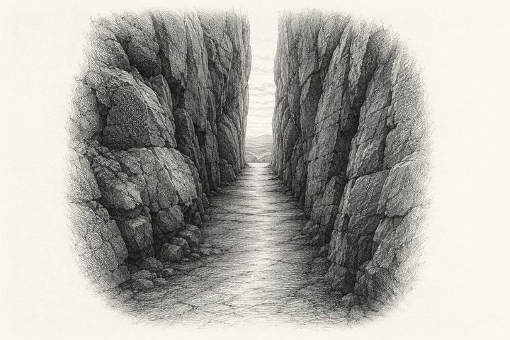 An engraving of a narrow slot between two rock walls, the floor worn smooth, daylight opening at the far end