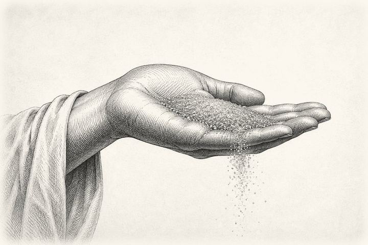 An engraving of an open palm held level with fine sand resting on it, a few grains falling from the edge