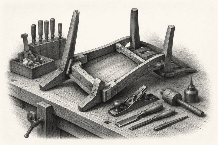 An engraving of a wooden chair turned upside down on a workbench, its underside joints finished smooth, hand tools laid out
