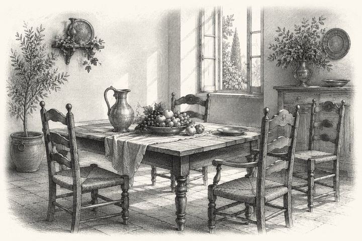 An engraving of a table set with fruit, a jug and pulled-up chairs in a sunlit room, nobody seated yet