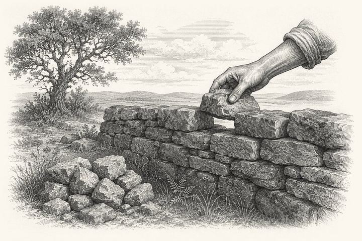 An engraving of a dry stone wall half built, one stone set in place by a hand, a pile of stones waiting