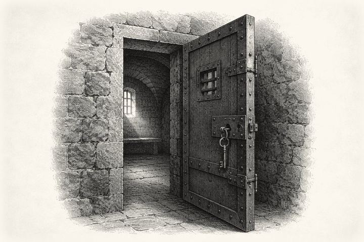 An engraving of a heavy cell door standing ajar, the key hanging on the inside of the lock, dim stone room beyond