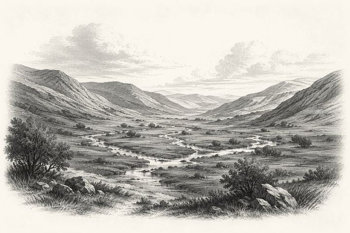 An engraving of a low green valley with small streams converging on its floor, dry hills rising on either side