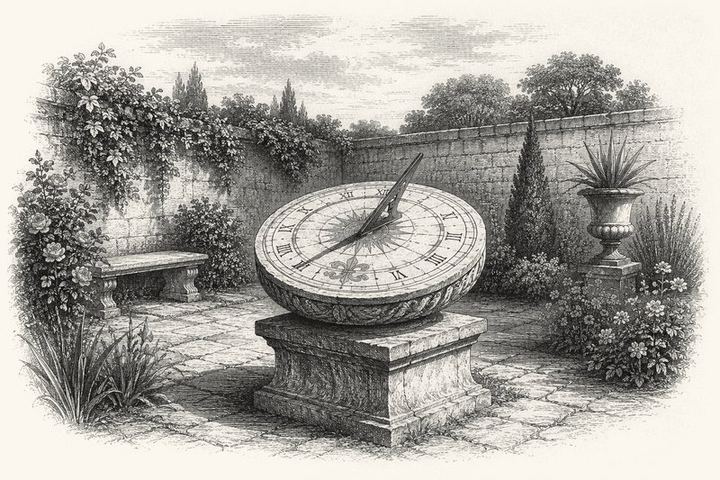 An engraving of a stone sundial in a walled garden, the shadow falling across the present hour