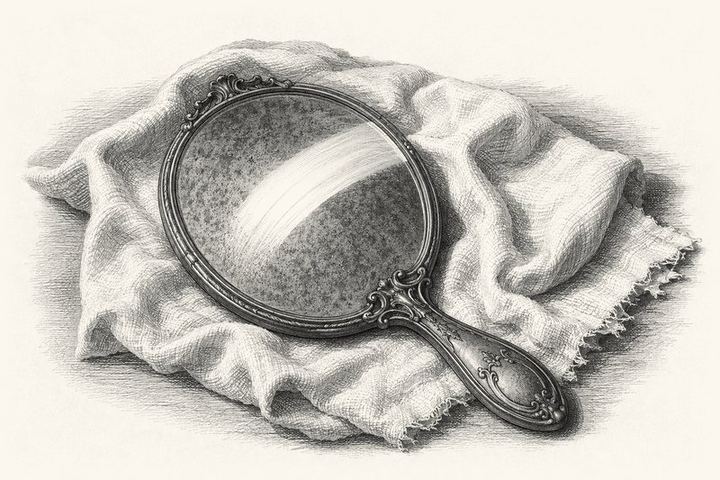 An engraving of an old hand mirror lying on a cloth, dust wiped clear in a single arc across its face