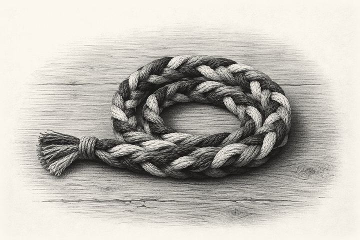 An engraving of three separate strands braided into one thick cord, coiled on a wooden table