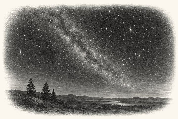 An engraving of a vast night sky full of stars arching over a very small dark landscape below