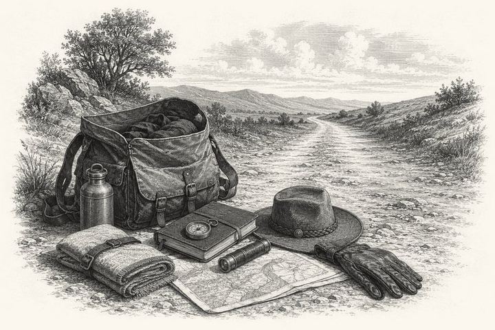 An engraving of a traveler's pack opened on the ground with its contents set out beside it, an empty road behind