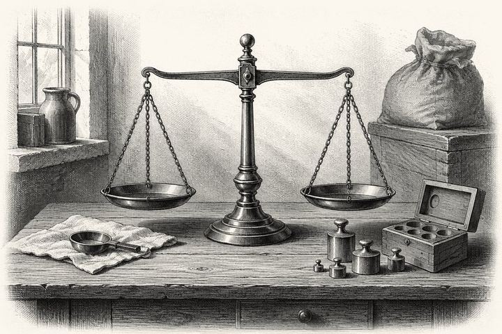 An engraving of a balance scale with both pans hanging level on a merchant's table, small brass weights beside it