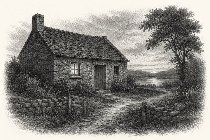 An engraving of a simple stone house with one lit window at dusk, a path leading to the door