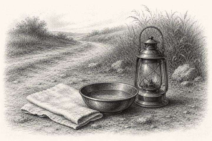 An engraving of a bowl of water and a folded cloth set down on the ground at the edge of a road, a lantern beside them