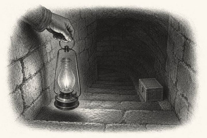 An engraving of a hand lowering an oil lamp down stone cellar stairs, one small sealed wooden box at the edge of the lamplight, darkness beyond