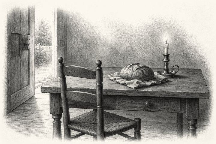 An engraving of a plain wooden table with one empty chair pulled up, a loaf of bread, a lit candle, soft light entering through an open doorway