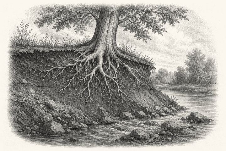 An engraving of a tree on a riverbank with the earth cut away in cross-section to show its roots reaching down toward the stream