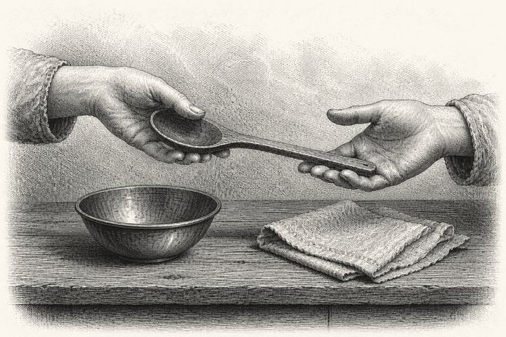 An engraving of two hands passing a worn wooden spoon across a table, a bowl and a folded cloth resting nearby