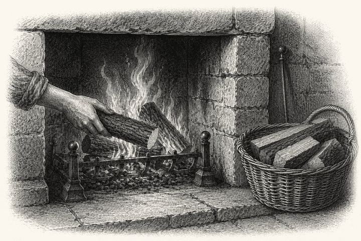 An engraving of a stone hearth with a fire burning, a hand setting a fresh log on, a basket of split wood beside it