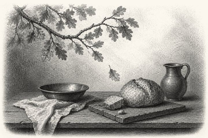 An engraving of a branch reaching over a plain table set with bread, one leaf falling from the branch toward the table
