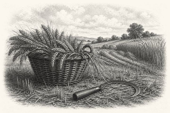 An engraving of a full basket of cut wheat at the edge of a mown field, a sickle laid across the stubble