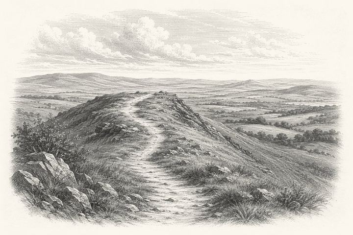 An engraving of a footpath cresting a high ridge, further open country opening out beyond it
