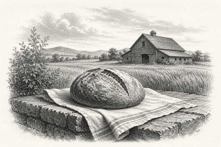 An engraving of a single loaf of bread on a cloth set out on a stone ledge, an uncounted field and barn behind