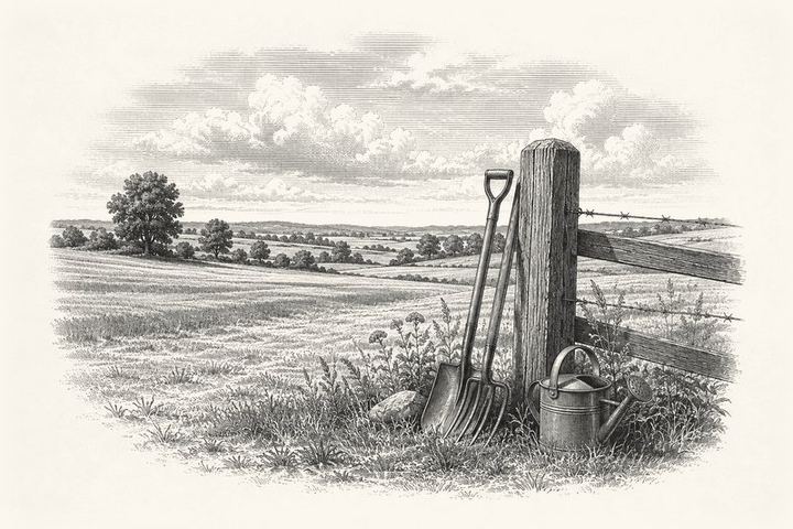 An engraving of an open field at noon with very short shadows, tools resting against a fence post