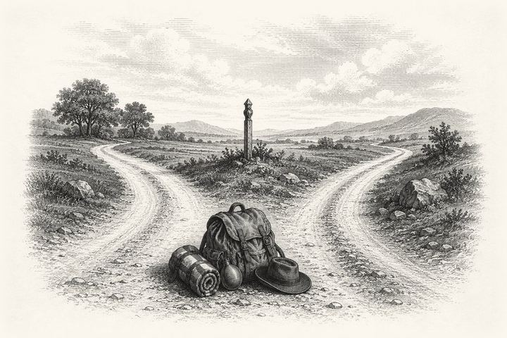 An engraving of a road forking into two paths in open country, a traveler's pack set down at the fork
