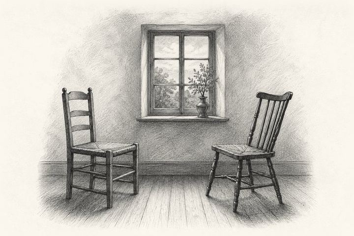 An engraving of a small room with two plain chairs turned to face each other, one leaning slightly forward, a window between them
