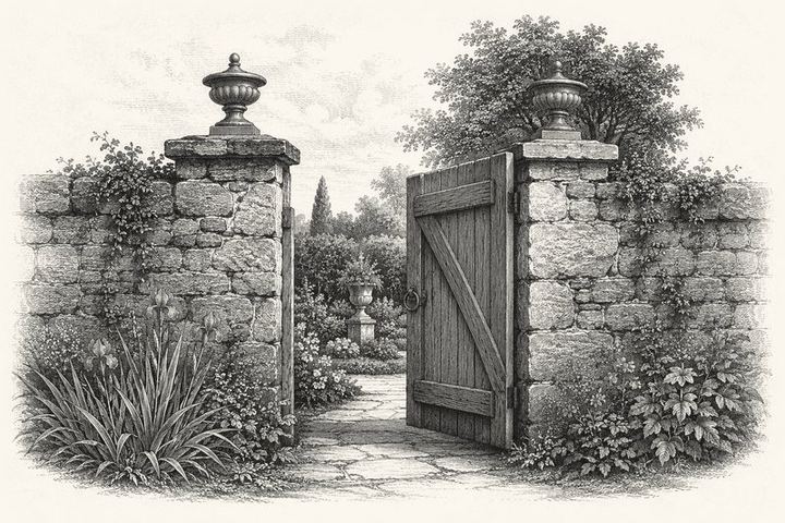 An engraving of a stone garden wall with a single wooden gate set into it, a tended garden visible through the gap