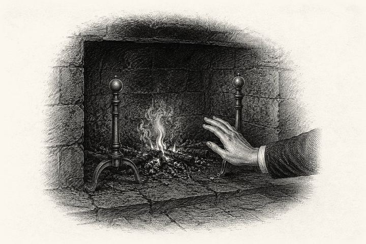 An engraving of a small fire on a hearth with an open hand held near it, kindling deliberately not added