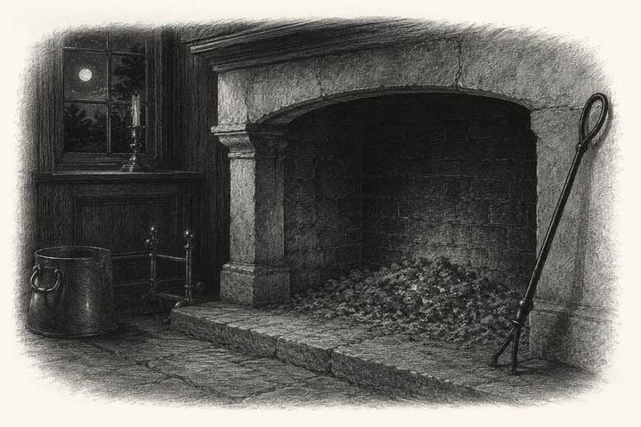 An engraving of embers banked under grey ash in a hearth at night, a poker resting against the stone