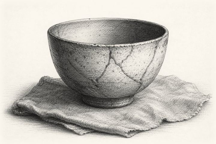 An engraving of a repaired ceramic bowl on a cloth, its cracks filled with gold and left plainly visible