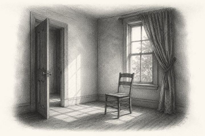 An engraving of a small bare room with one chair and one window, the door standing slightly ajar