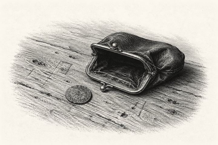 An engraving of a single worn coin lying on a scarred wooden table beside an open purse