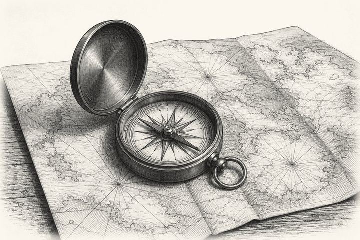 An engraving of a brass compass lying open on a folded map on a table, the needle steady