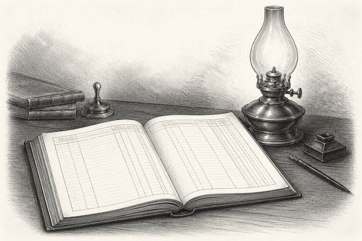 An engraving of an open ledger on a desk with ruled columns and a lamp burning beside it