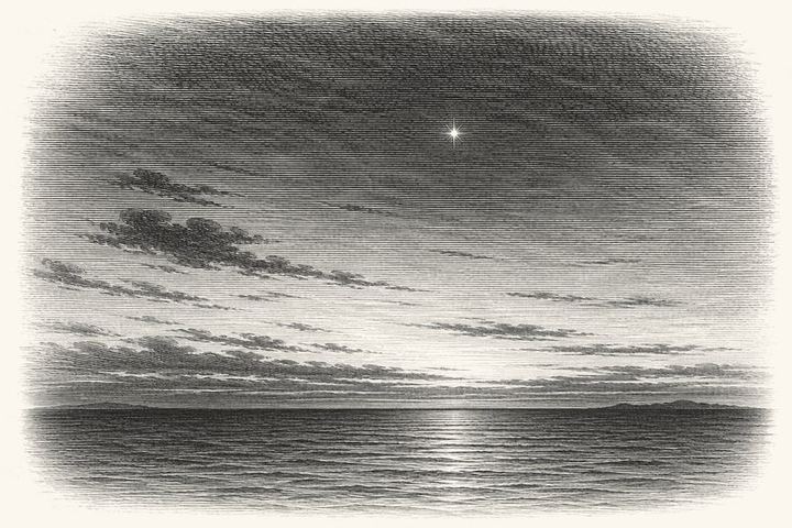 An engraving of one bright star low over a dark horizon in the last hour before dawn