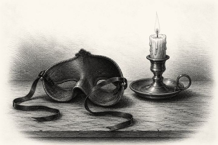 An engraving of a theatrical mask set face-down on a table beside a lit candle