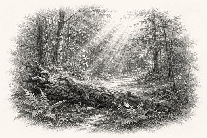 An engraving of a forest clearing with a fallen mossy log, ferns, and light coming down through the leaves