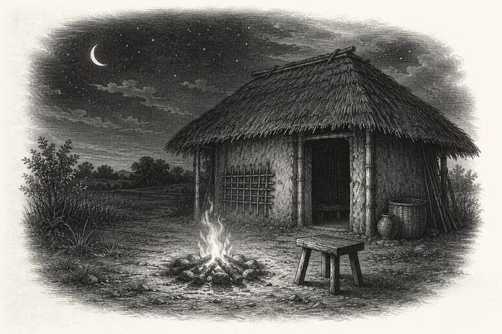 An engraving of a single small fire outside a hut at night with one wooden stool beside it