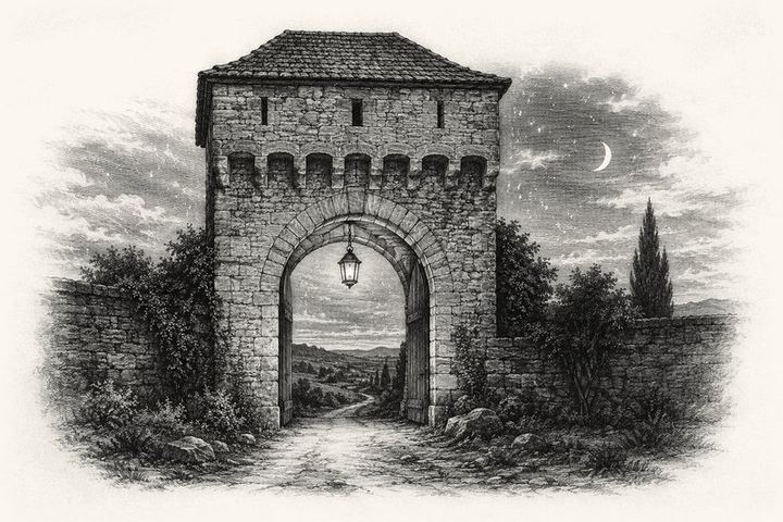 An engraving of a stone gate tower with a lantern hung at the arch, open night country beyond