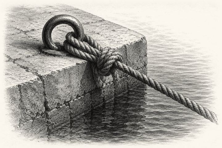 An engraving of a heavy rope tied fast to an iron mooring ring at a stone dock, calm water below