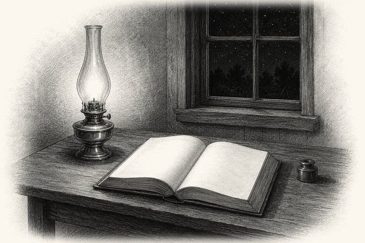 An engraving of a lamp burning over an open book at a plain desk, deep night at the window